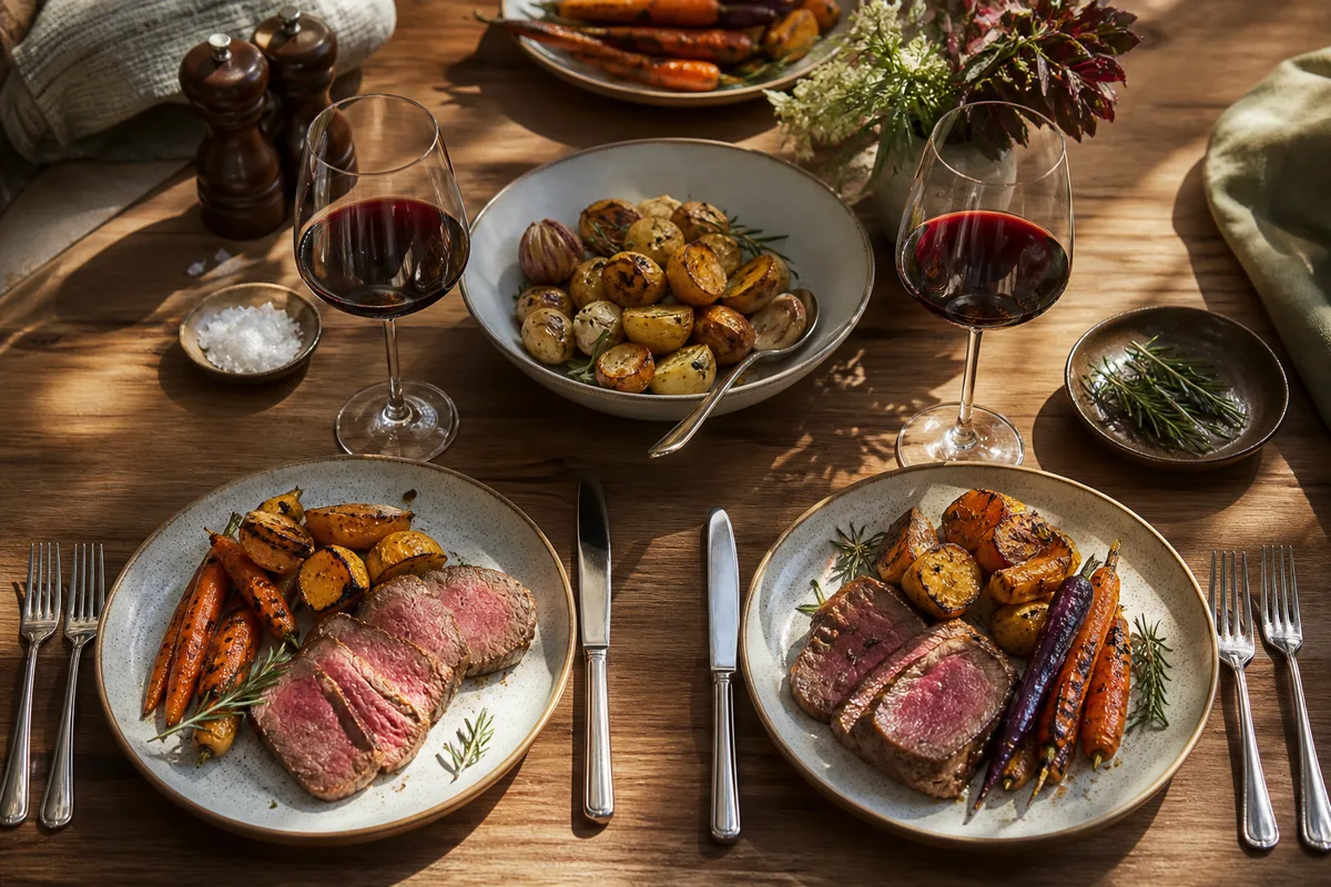 Table dressée avec verres de vin et plats préparés, lumière naturelle de fin de journée