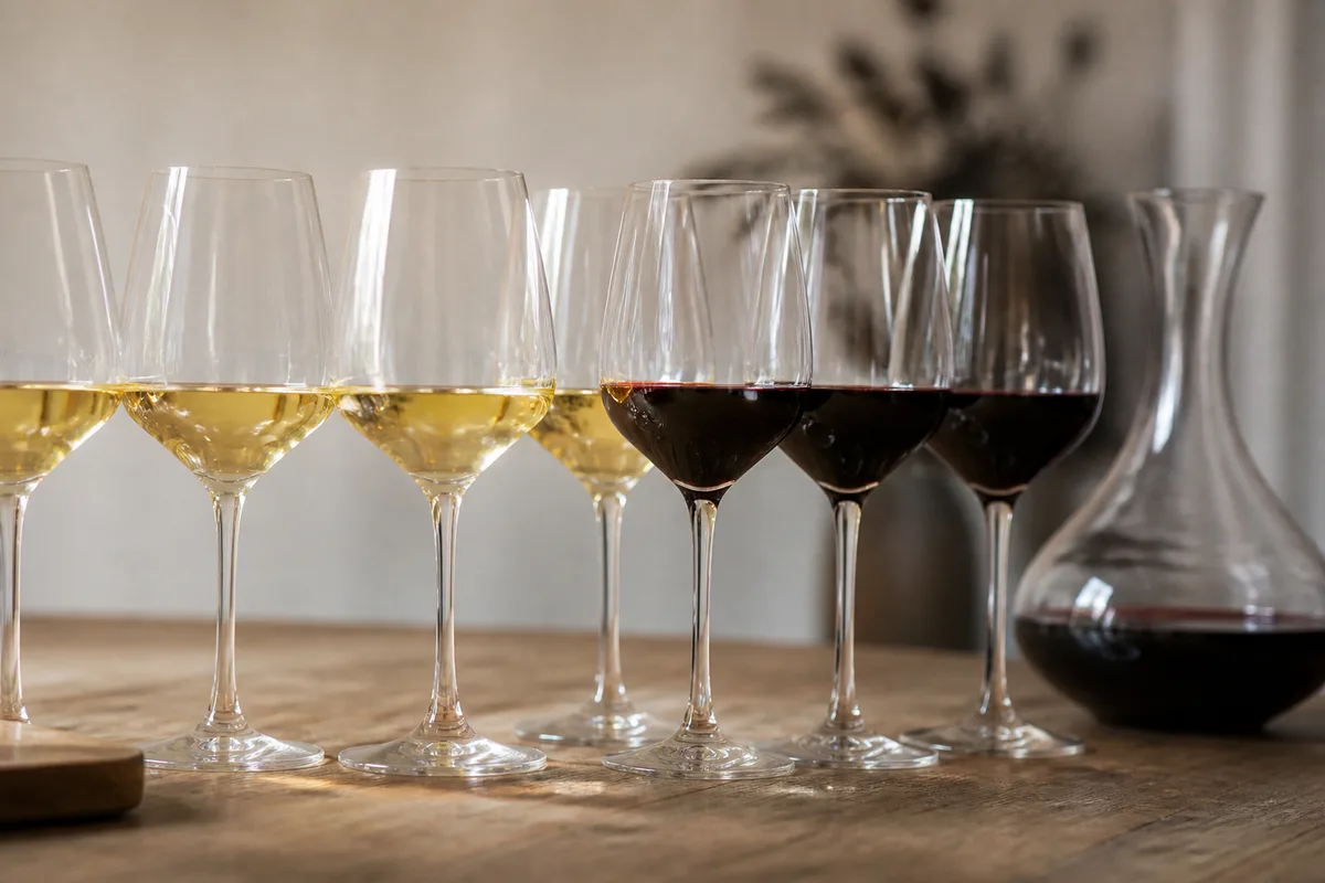 Verres de vin blanc et rouge alignés sur une table en bois avec assiettes vides