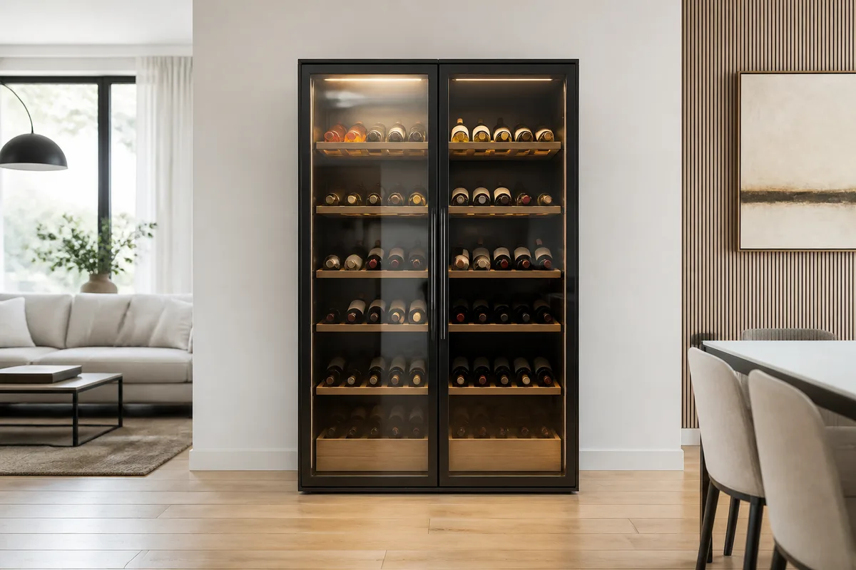Armoire à vin vitrée dans un intérieur clair, bouteilles rangées sur des clayettes en bois