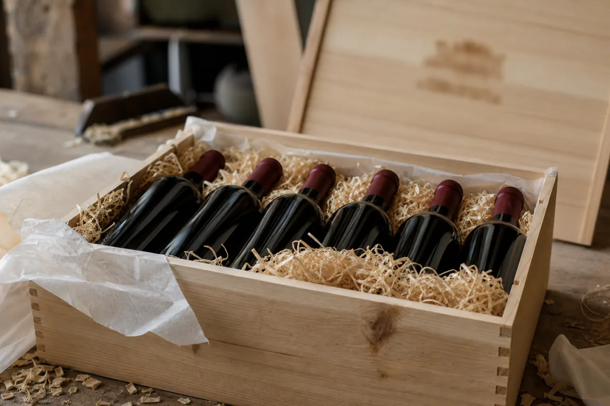 Caisse bois d&rsquo;origine ouverte révélant des bouteilles alignées sur de la paille
