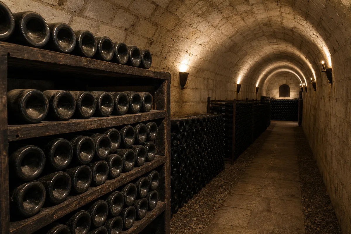 Rangées de grands crus couchés dans une cave voûtée en pierre