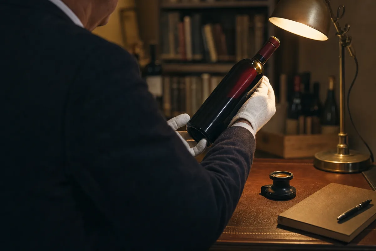 Expert examinant une bouteille de vin rouge à la lumière dans un bureau d&rsquo;expertise