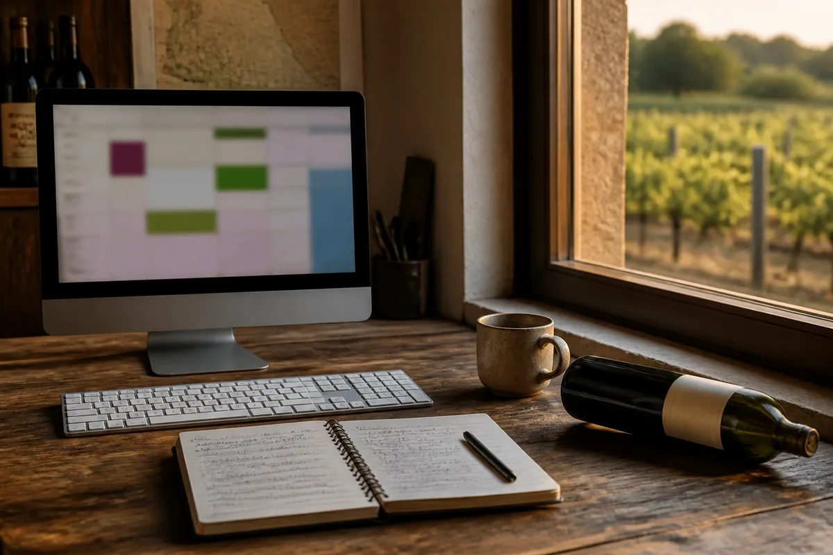 Bureau de domaine viticole avec écran de gestion et carnet de commandes