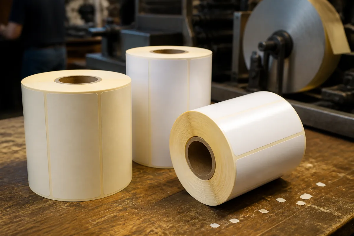 Rouleaux d’étiquettes vierges en papier crème posés sur un plan de travail d’atelier