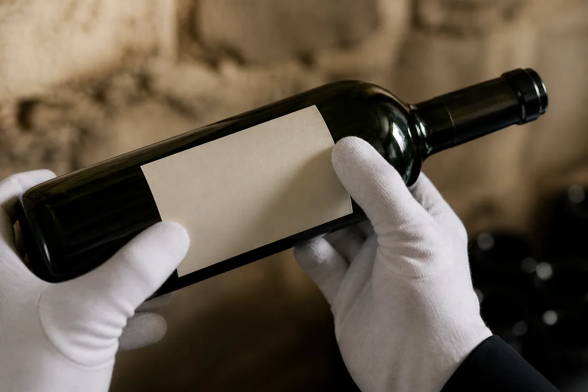 Mains gantées appliquant une étiquette blanche vierge sur une bouteille de vin