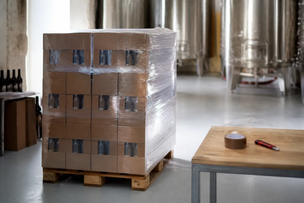 Cartons de bouteilles filmés sur une palette dans un chai clair, à côté d&rsquo;un poste de préparation