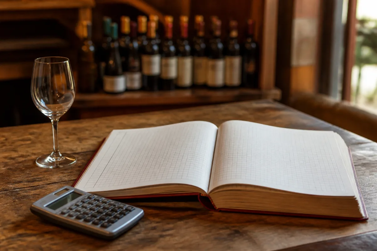 Bureau de domaine viticole avec registre ouvert, calculatrice et bouteilles alignées en arrière-plan