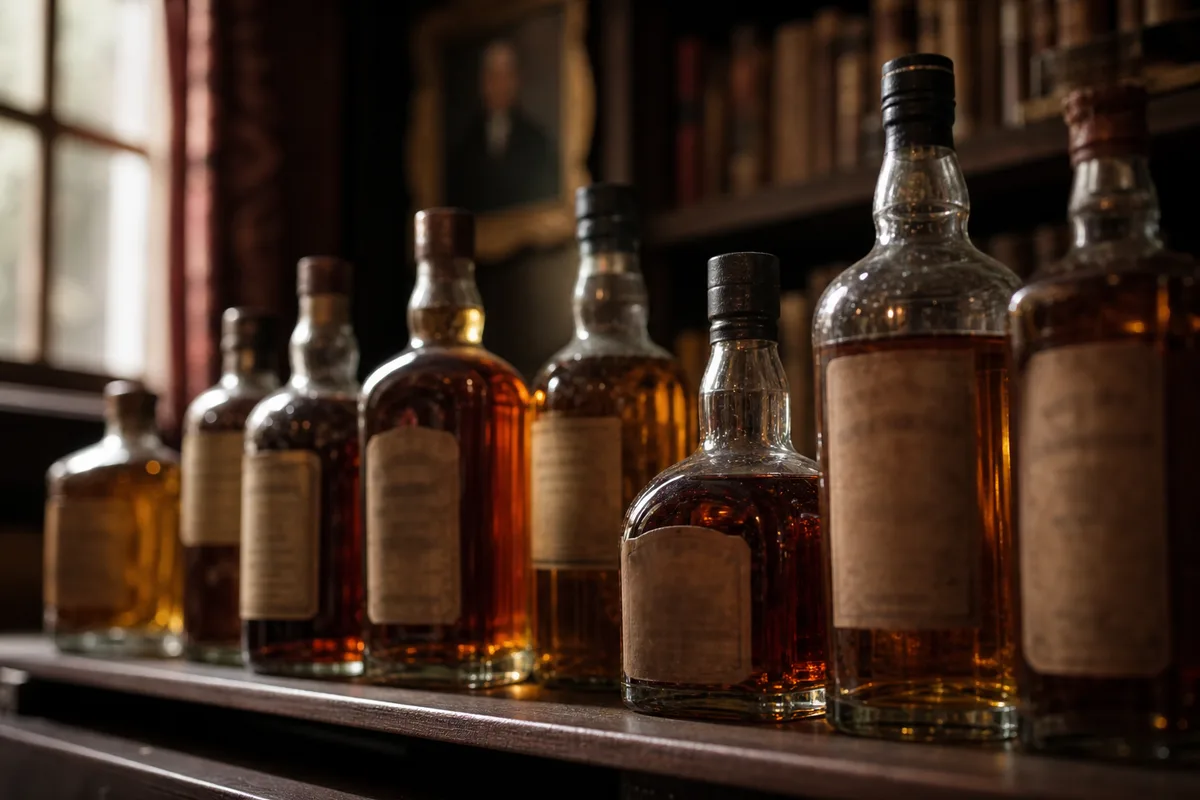 Rangée de bouteilles de whisky anciennes alignées debout sur une étagère en bois sombre