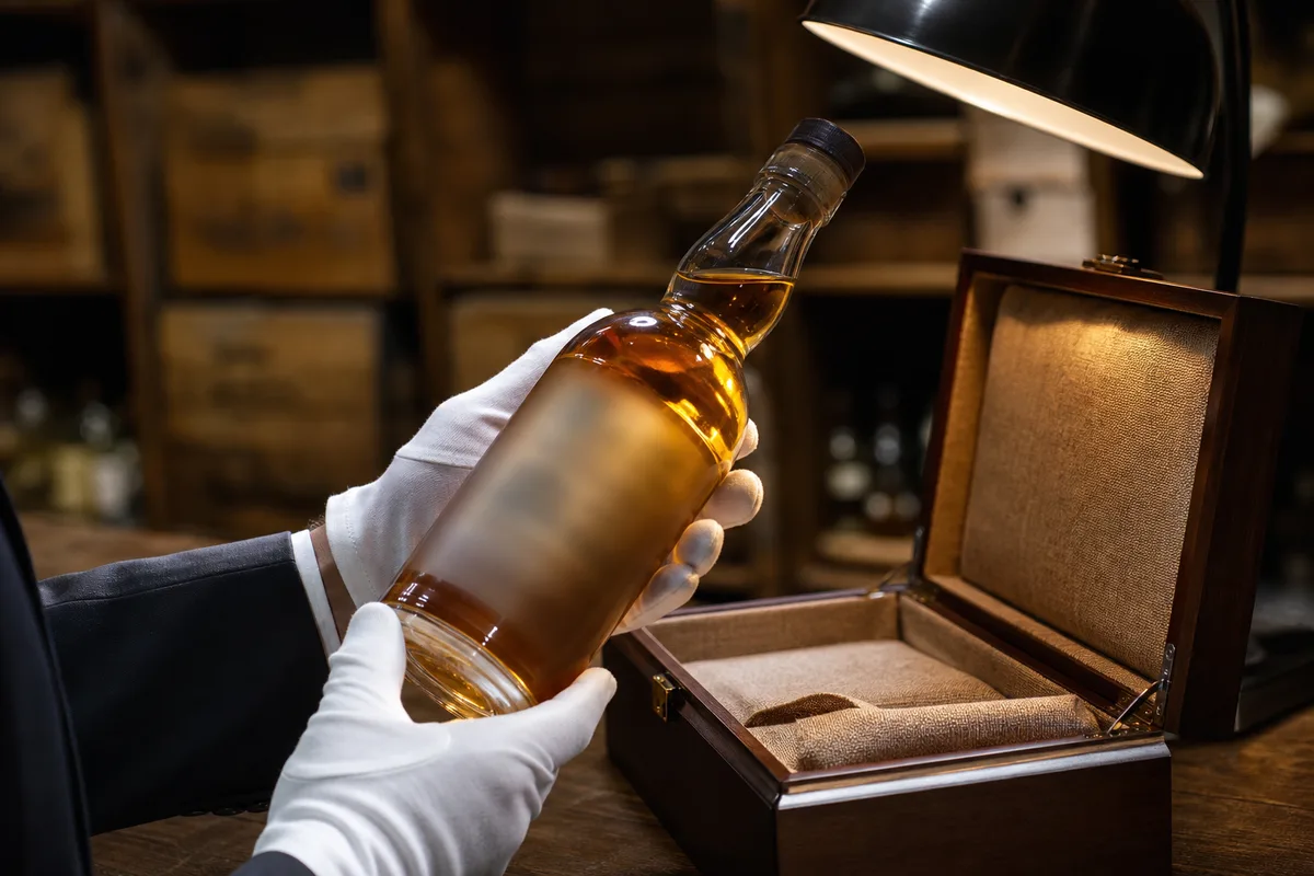 Bouteille de single malt dans son coffret en bois ouvert, examinée à la lampe dans un entrepôt