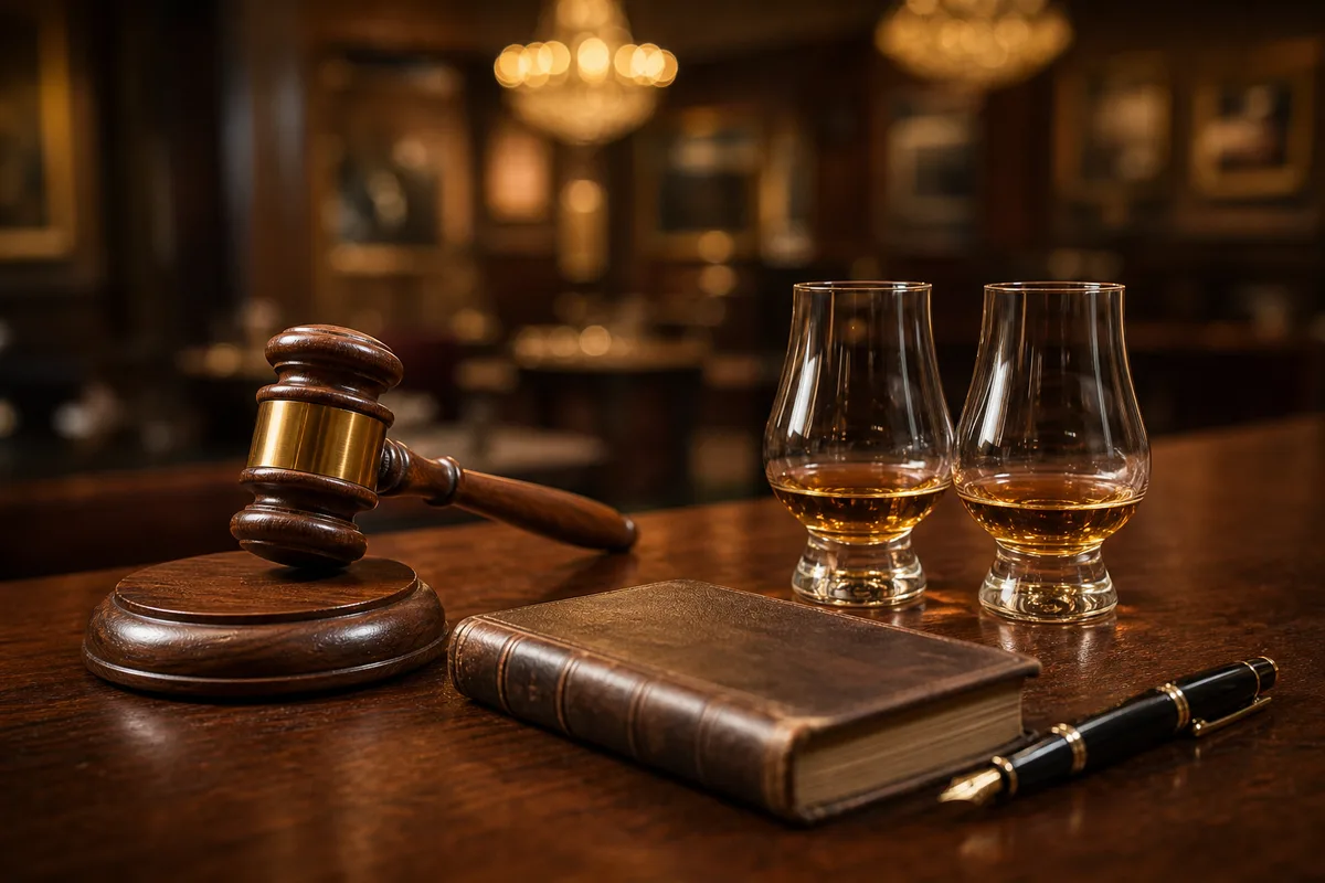 Marteau de commissaire-priseur posé près de verres de dégustation et d’un registre de vente