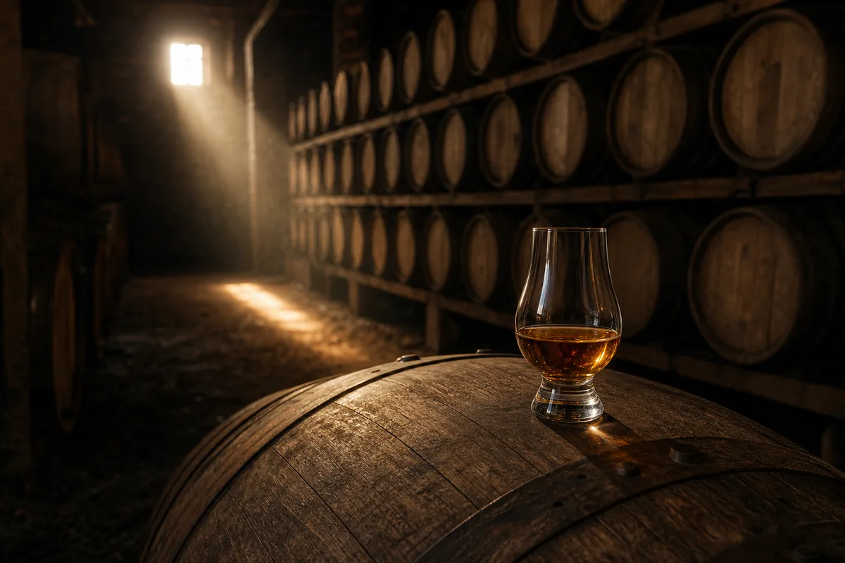 Verre de dégustation de whisky posé sur un fût en chêne dans un chai faiblement éclairé