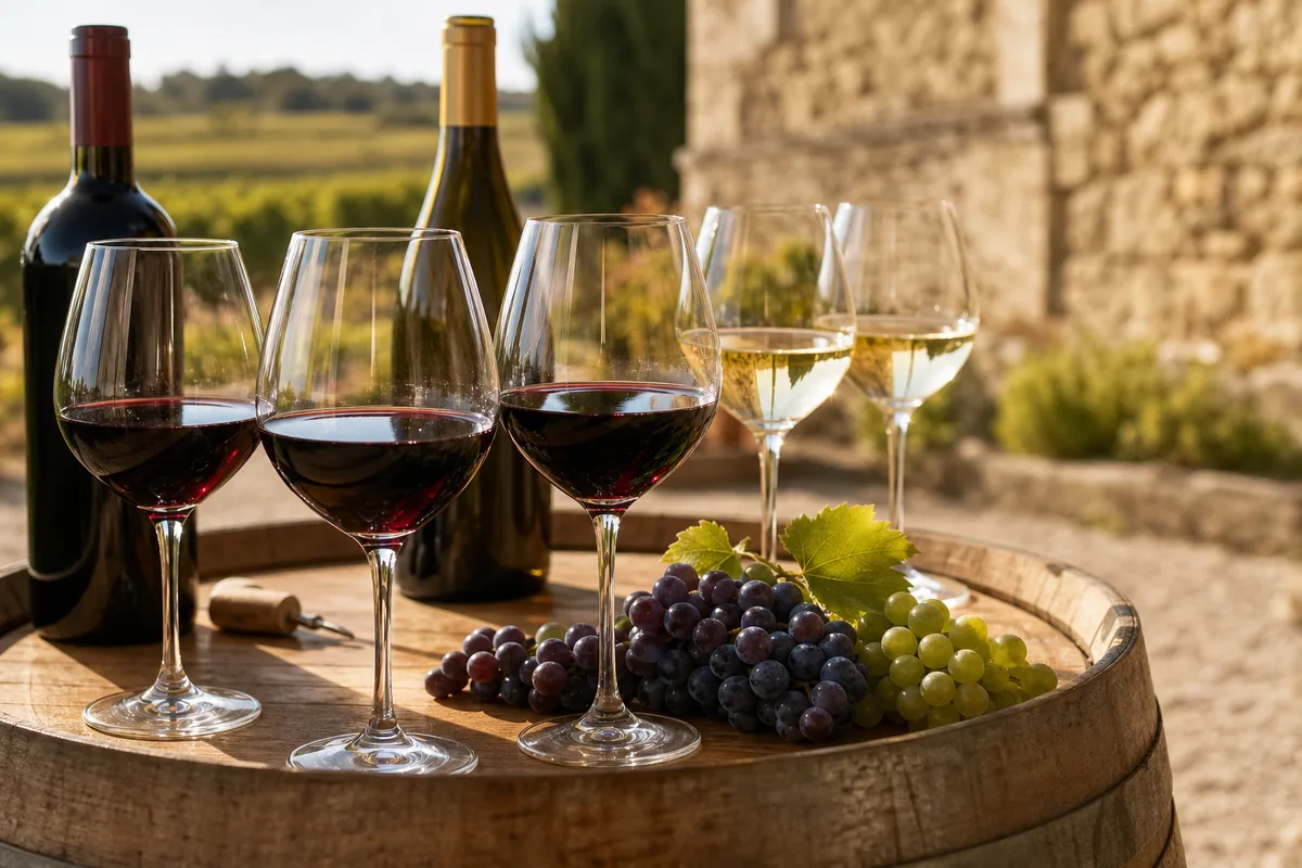 Verres de vin alignés sur une barrique lors d’un cocktail de mariage dans un vignoble