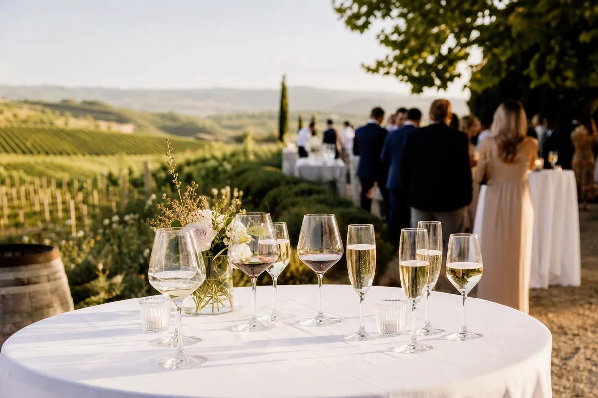 Table de réception dressée en extérieur au coucher du soleil face aux rangs de vigne