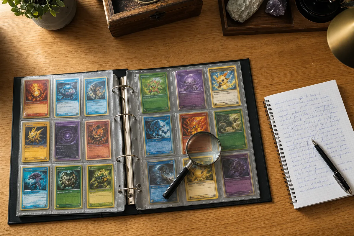 Classeur de cartes Pokémon ouvert à côté d’une loupe et d’un carnet de cotes