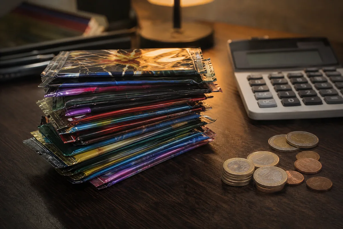 Boosters Pokémon scellés empilés sur un bureau en bois près d’une calculatrice