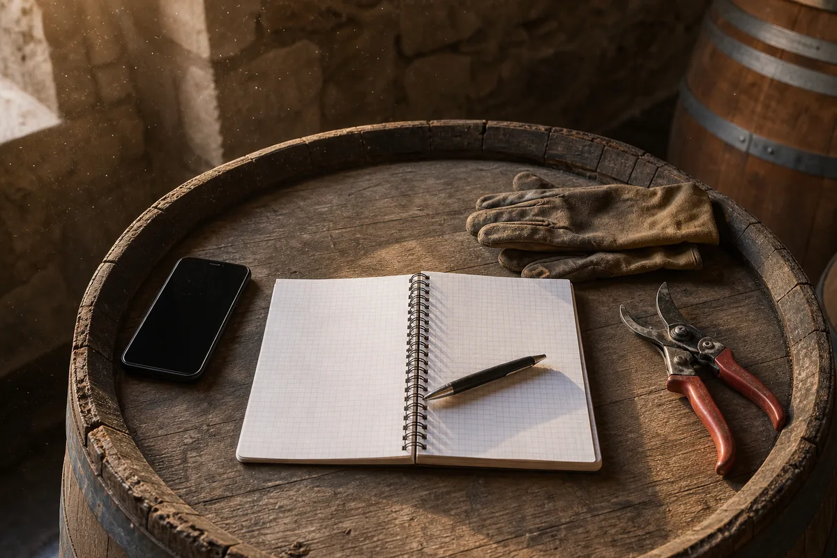 Carnet de rendez-vous ouvert sur une barrique, à côté d’un téléphone posé dans un chai au printemps