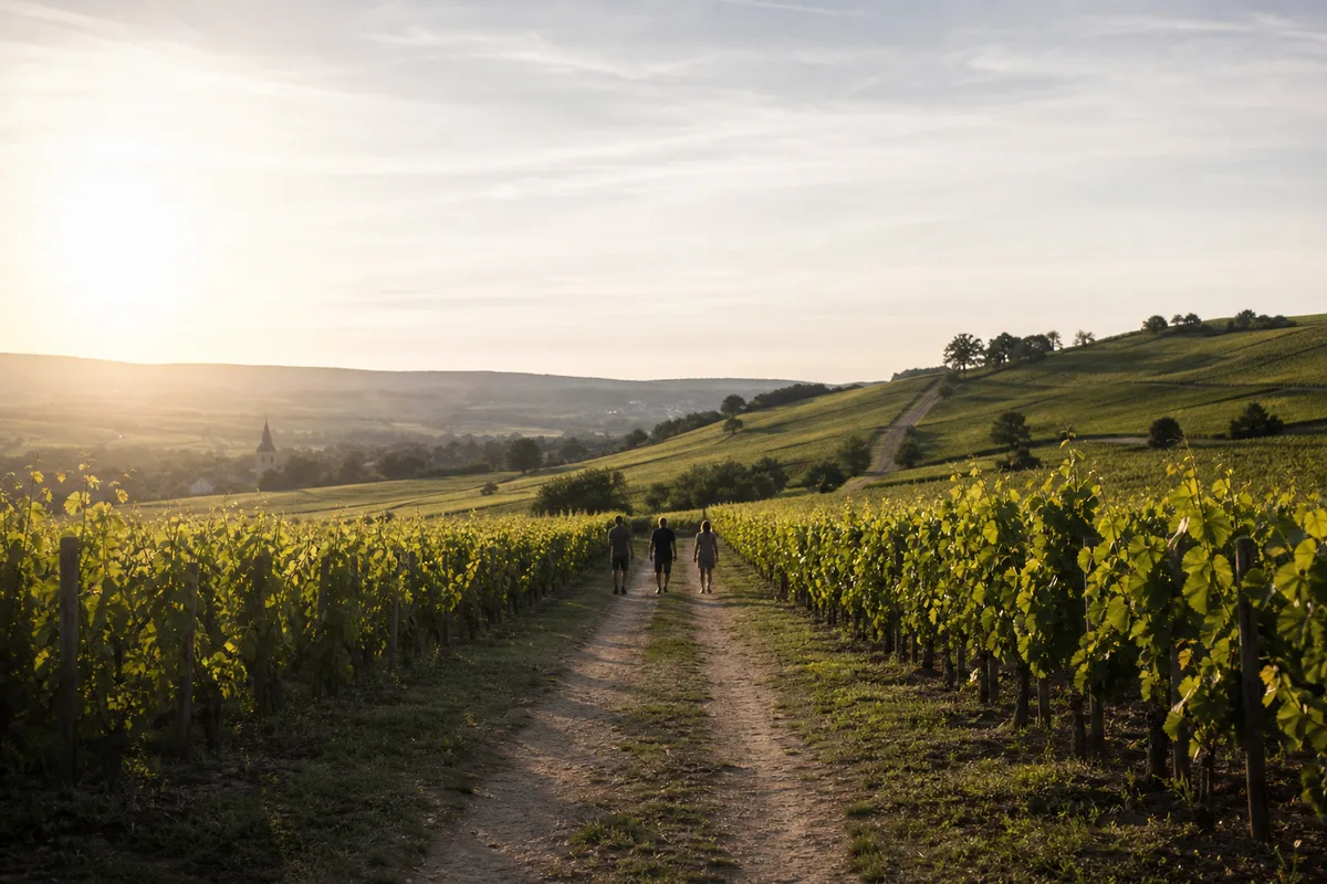 Rangs de vigne en fleur au mois de juin, visiteurs marchant sur un chemin de terre entre les parcelles
