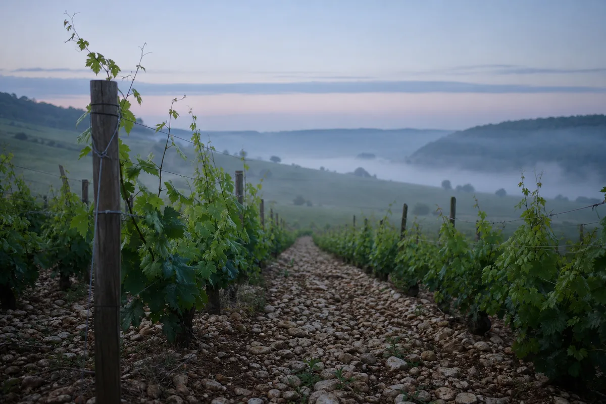 Rangs de vigne en appellation au petit matin, piquets et fils de palissage alignés sur une parcelle en coteau