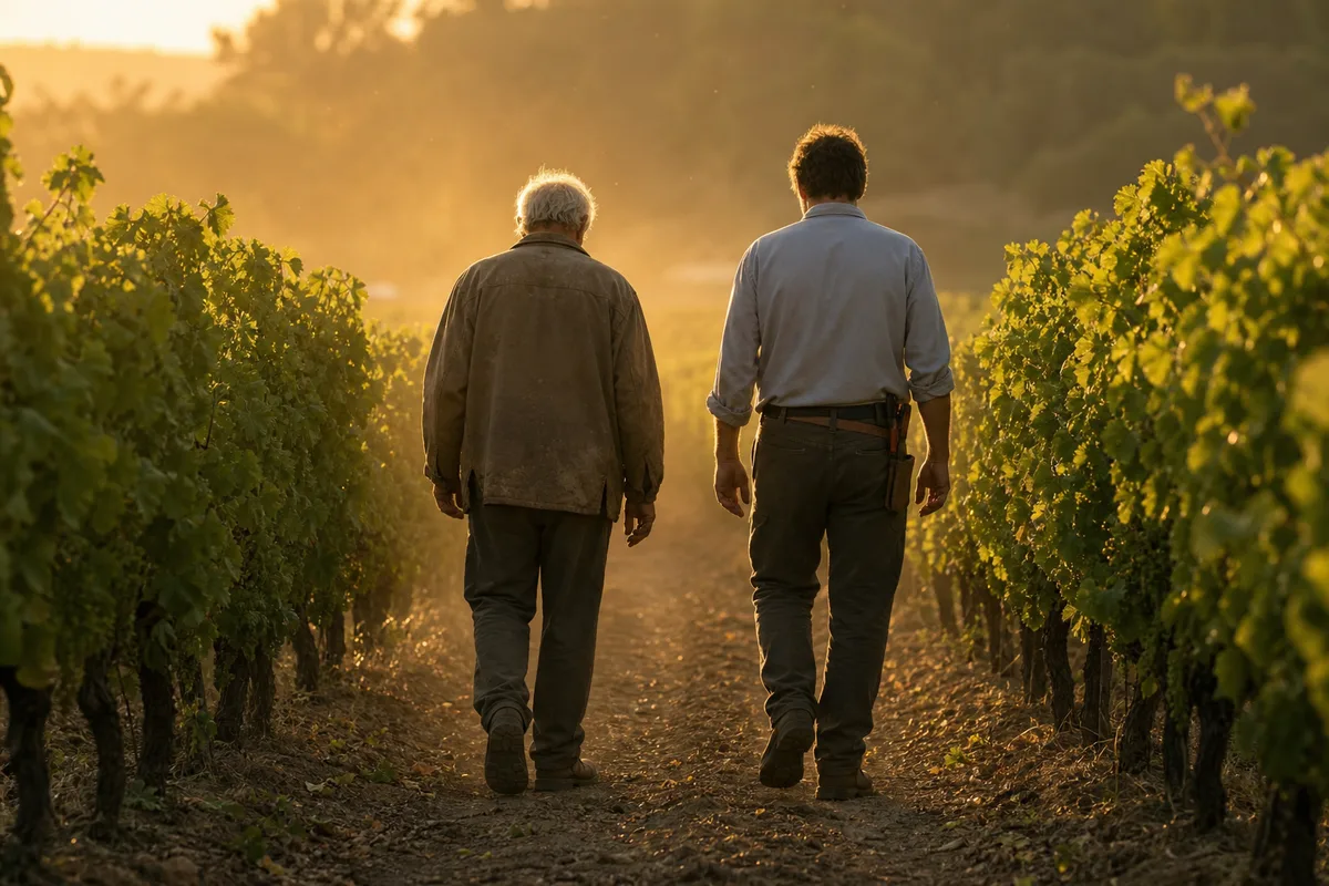 Deux vignerons de générations différentes marchant de dos dans un rang de vigne en fin de journée