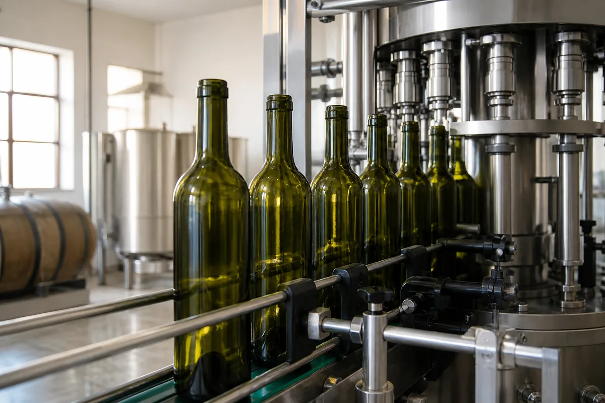 Bouteilles de vin en cours d&rsquo;étiquetage sur une ligne d&rsquo;embouteillage artisanale