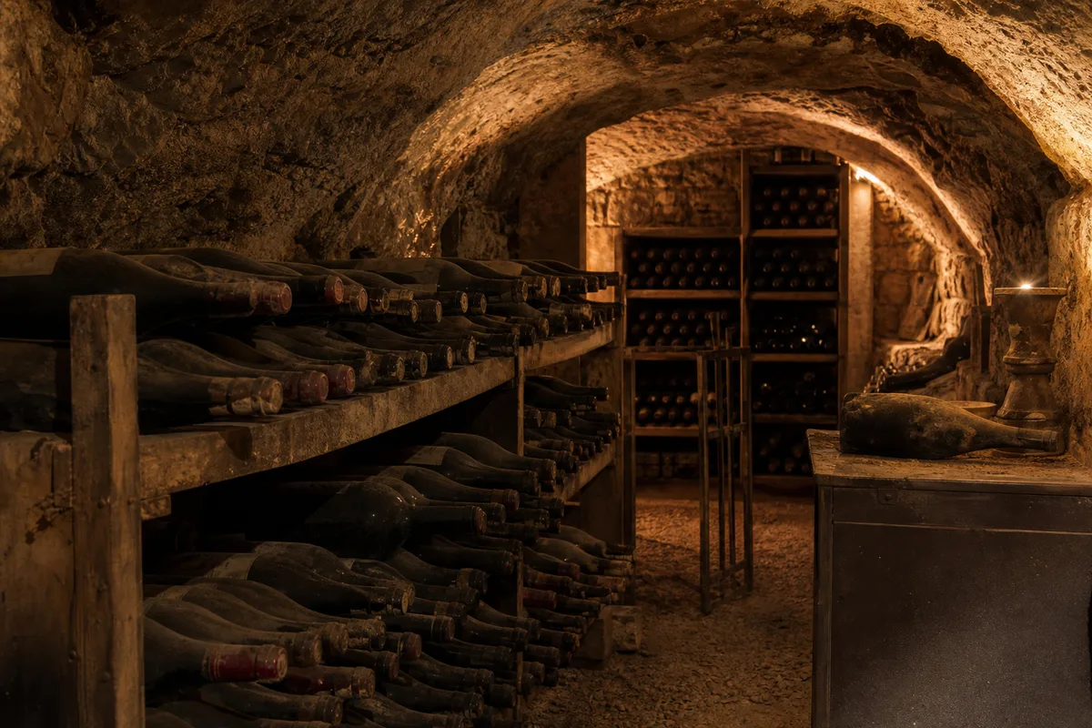 Bouteilles de vin couchées dans une cave voûtée en pierre à la lumière tamisée