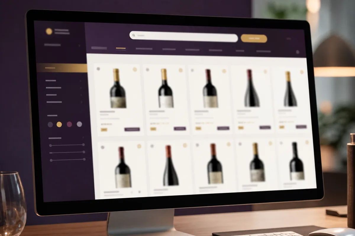 Écran d&rsquo;ordinateur affichant une boutique en ligne de vin épurée avec des vignettes de bouteilles