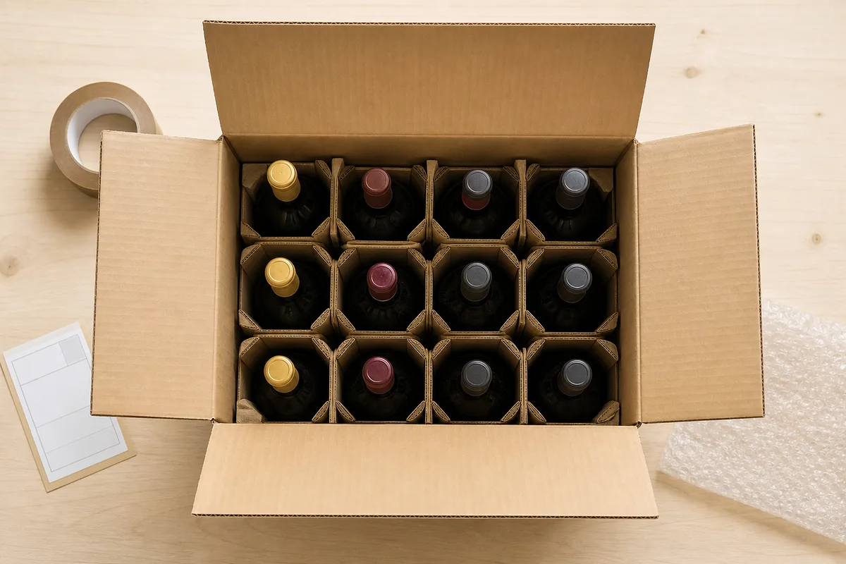 Carton d&rsquo;expédition ouvert révélant des bouteilles de vin calées dans des alvéoles de protection
