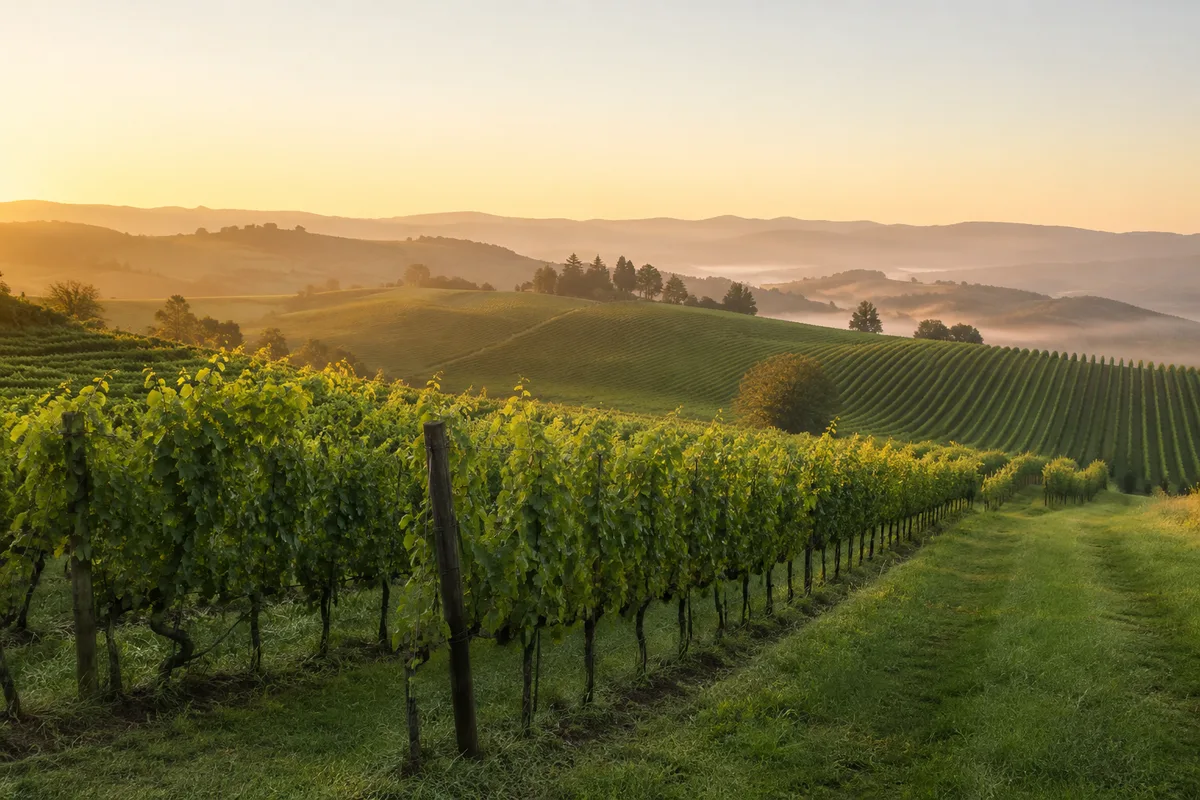 Rangs de vigne au petit matin avec herbe entre les rangs et brume légère
