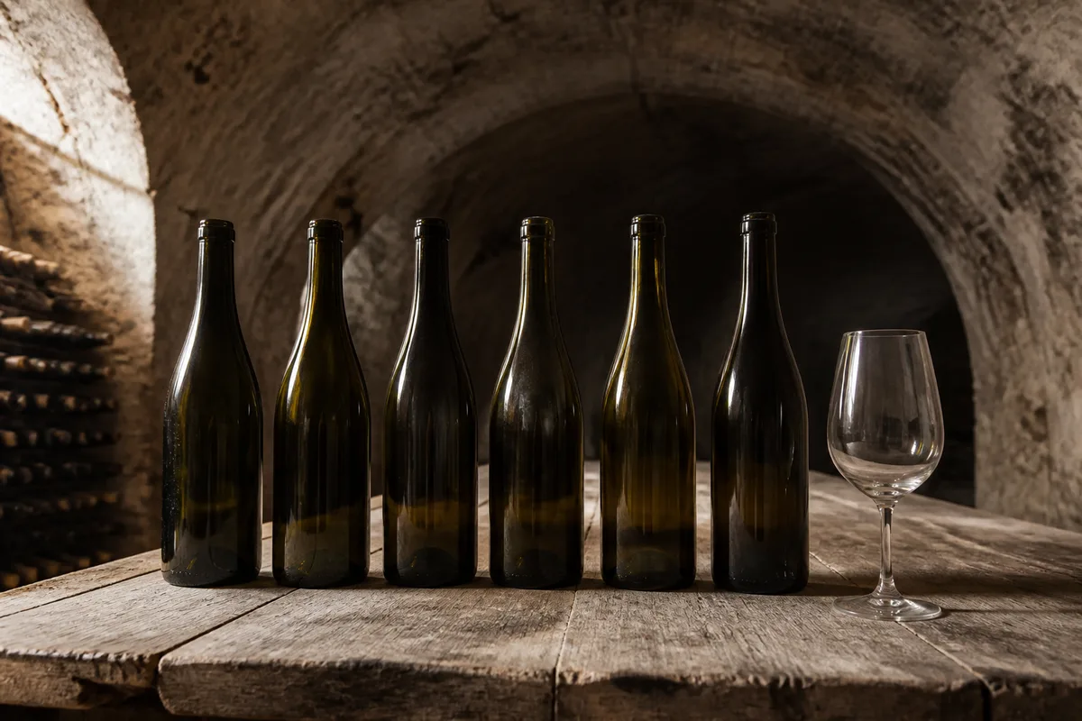 Bouteilles sans étiquette alignées sur une table en bois dans une cave voûtée